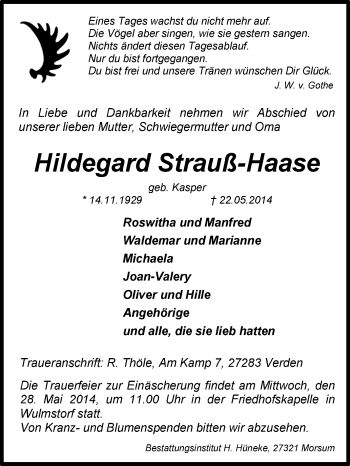 Traueranzeige von Hildegard Strauß-Haase von KRZ