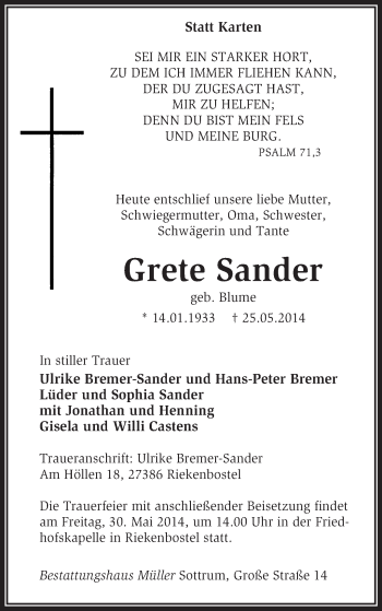 Traueranzeige von Grete Sander von KRZ