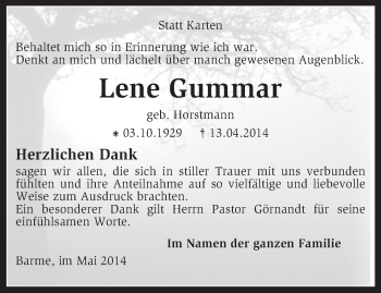 Traueranzeige von Lene Gummar von KRZ