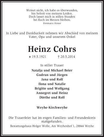 Traueranzeige von Heinz Cohrs von KRZ