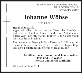 Traueranzeige von Johanne Wöbse von KRZ