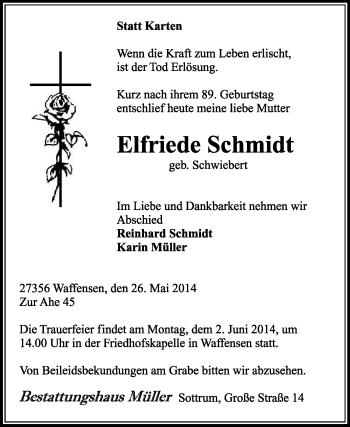 Traueranzeige von Elfriede Schmidt von KRZ