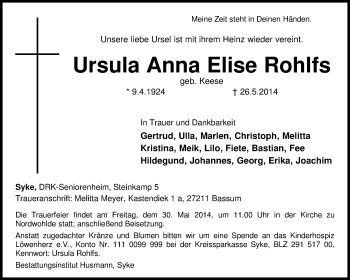 Traueranzeige von Ursula Anna Elise Rohlfs von KRZ