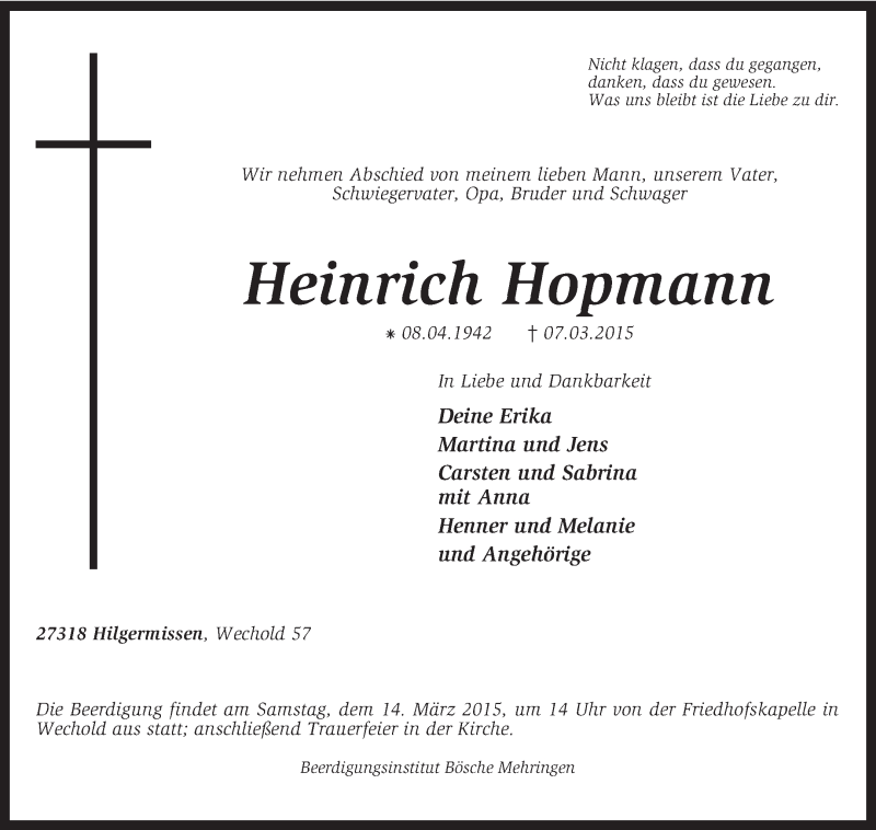  Traueranzeige für Heinrich Hopmann vom 10.03.2015 aus KRZ