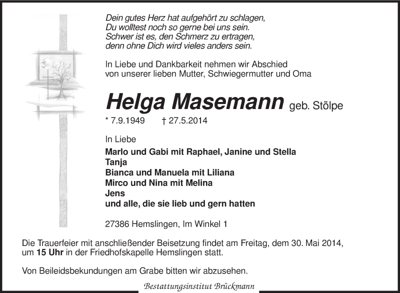  Traueranzeige für Helga Masemann vom 28.05.2014 aus KRZ