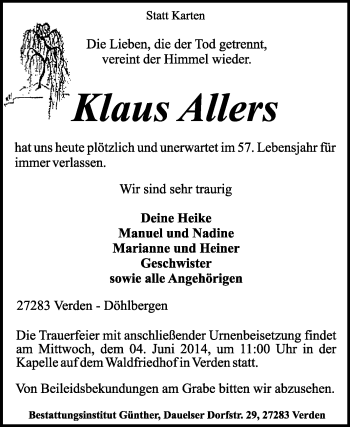 Traueranzeige von Klaus Allers von KRZ