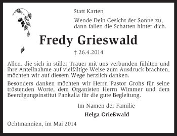 Traueranzeige von Fredy Grieswald von KRZ