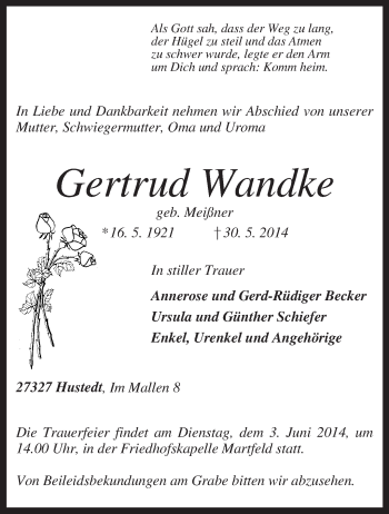 Traueranzeige von Gertrud Wandke von KRZ