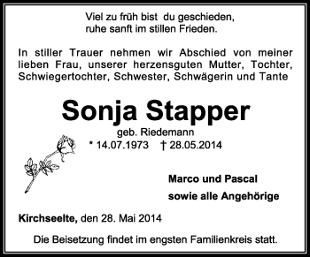 Traueranzeige von Sonja Stapper von KRZ