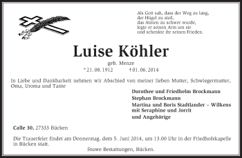 Traueranzeige von Luise Köhler von KRZ