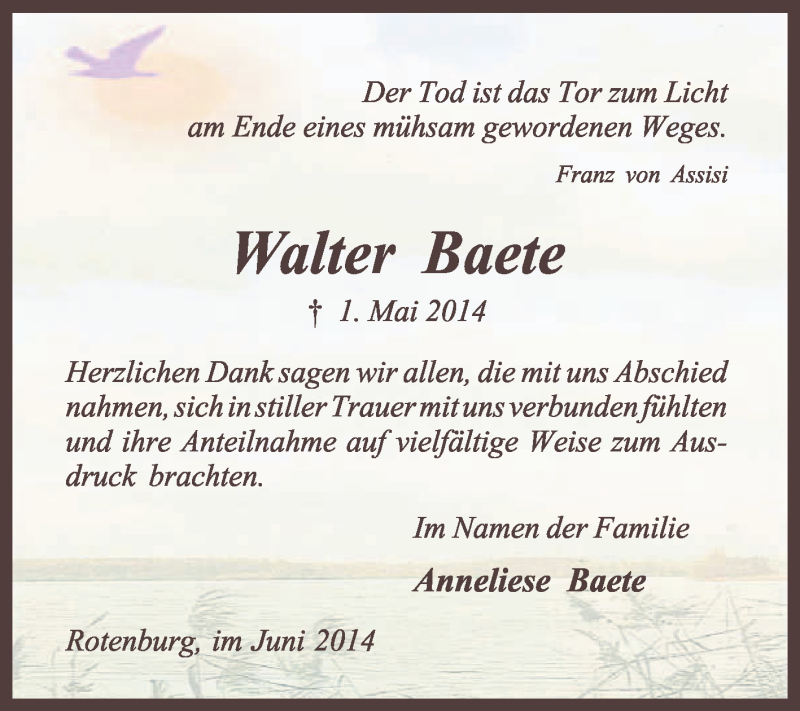  Traueranzeige für Walter Baete vom 07.06.2014 aus KRZ