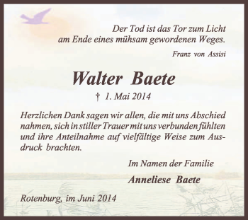 Traueranzeige von Walter Baete von KRZ
