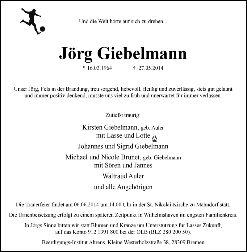  Traueranzeige für Jörg Giebelmann vom 04.06.2014 aus KRZ