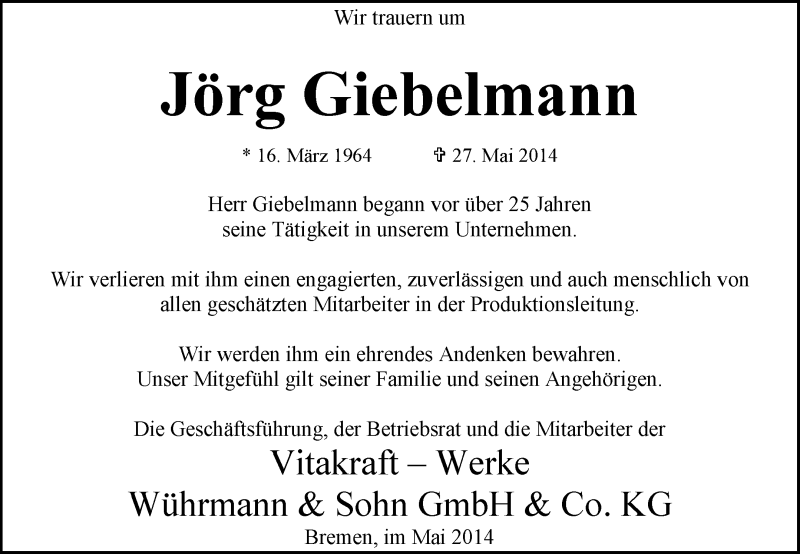  Traueranzeige für Jörg Giebelmann vom 04.06.2014 aus KRZ