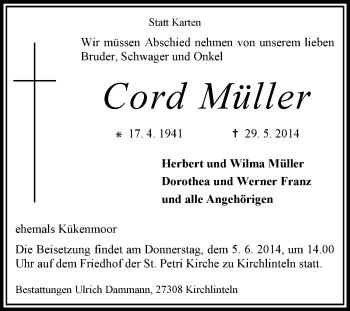 Traueranzeige von Cord Müller von KRZ