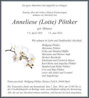 Traueranzeige von Anneliese Pöttker von KRZ