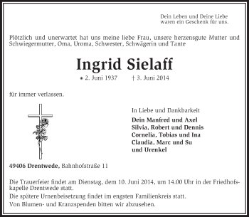 Traueranzeige von Ingrid Sielaff von KRZ