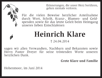 Traueranzeige von Heinrich Klare von KRZ