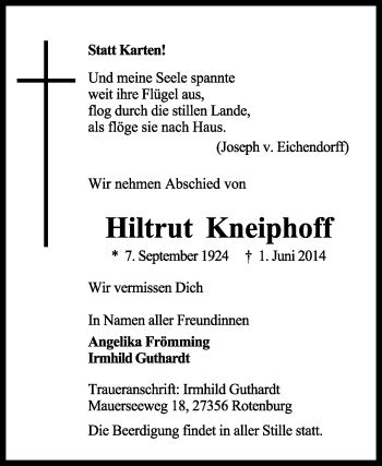 Traueranzeige von Hiltrut Kneiphoff von KRZ