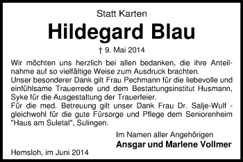 Traueranzeige von Hildegard Blau von KRZ