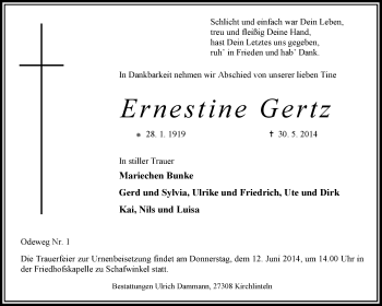 Traueranzeige von Ernestine Gertz von KRZ