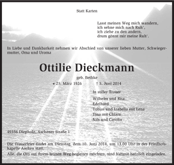 Traueranzeige von Ottilie Diekmann von KRZ