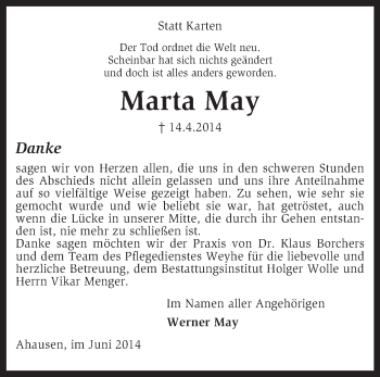 Traueranzeige von Marta May von KRZ