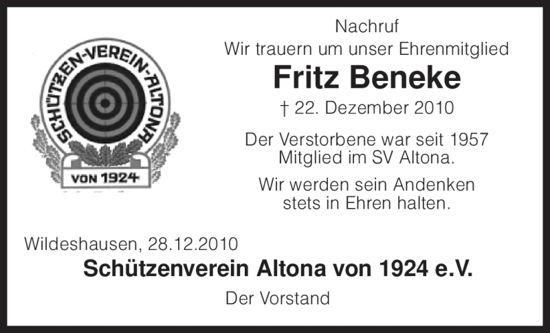  Traueranzeige für Fritz Beneke vom 28.12.2010 aus KREISZEITUNG SYKE