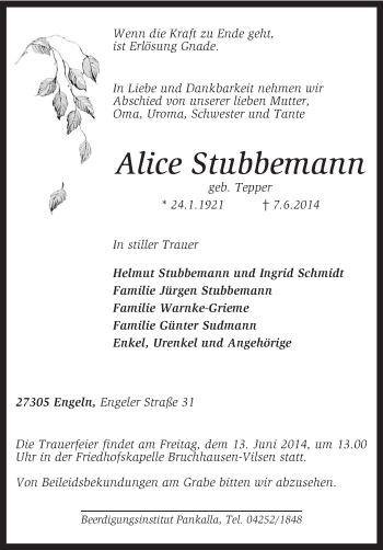 Traueranzeige von Alice Stubbemann von KRZ