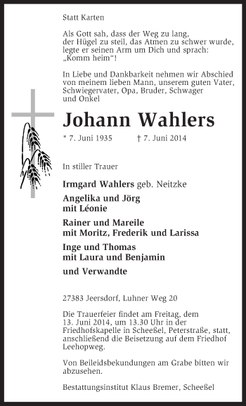 Traueranzeige von Johann Wahlers von KRZ