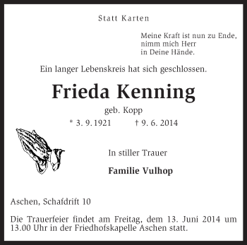 Traueranzeige von Frieda Kenning von KRZ