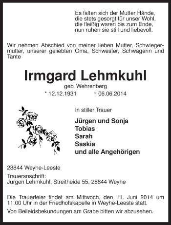 Traueranzeige von Irmgard Lehmkuhl von KRZ