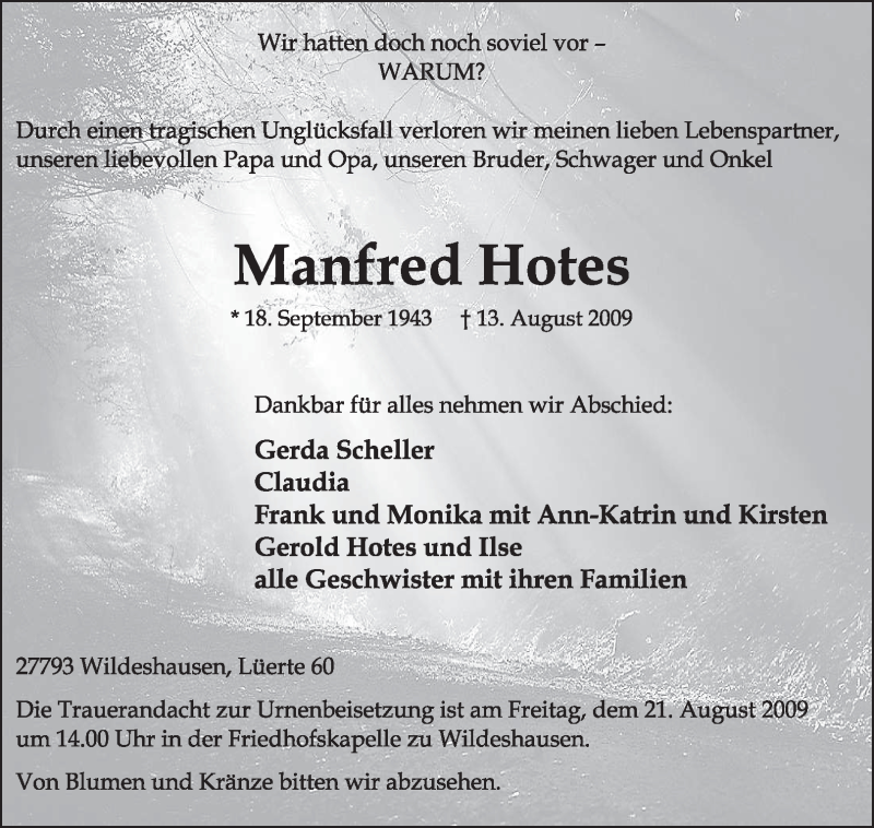  Traueranzeige für Manfred Hotes vom 15.08.2009 aus KREISZEITUNG SYKE