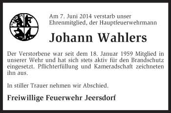 Traueranzeige von Johann Wahlers von KRZ