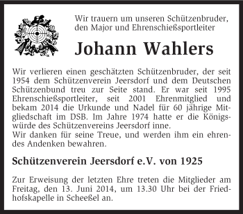 Traueranzeige von Johann Wahlers von KRZ