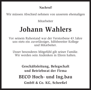 Traueranzeige von Johann Wahlers von KRZ