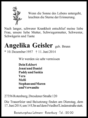 Traueranzeige von Angelika Geisler von KRZ