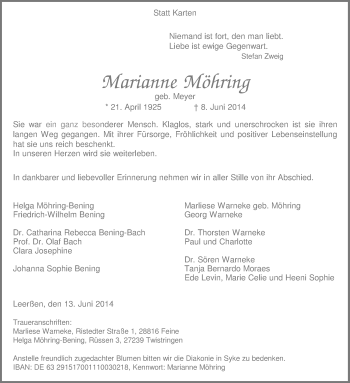 Traueranzeige von Marianne Möhring von KRZ