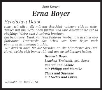 Traueranzeige von Erna Boyer von KRZ