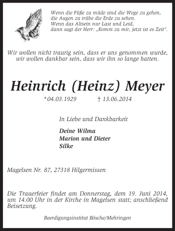 Traueranzeige von Heinrich Meyer von KRZ