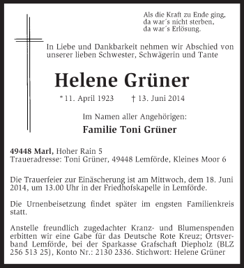 Traueranzeige von Helene Grüner von KRZ