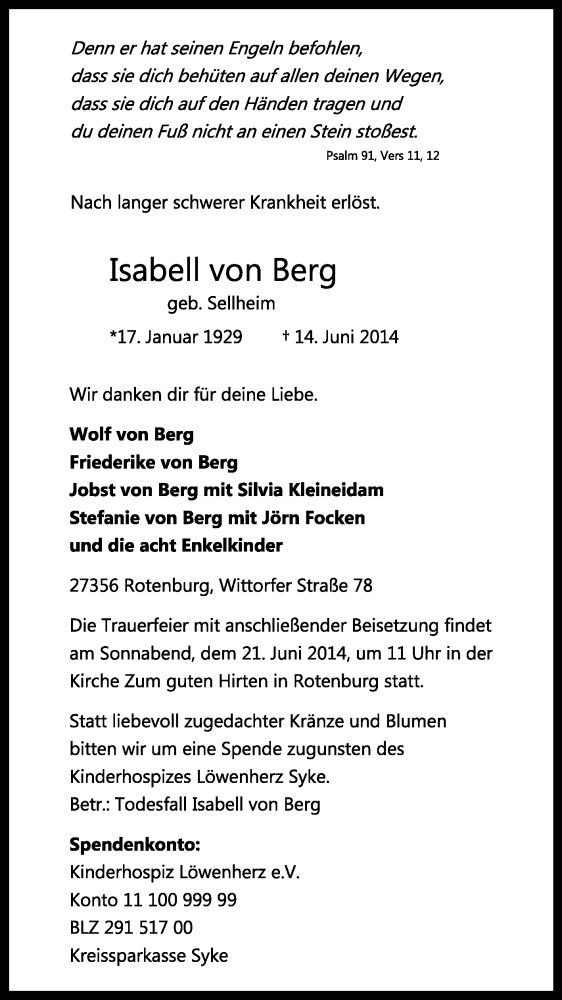 Traueranzeige für Isabell von Berg vom 16.06.2014 aus KRZ