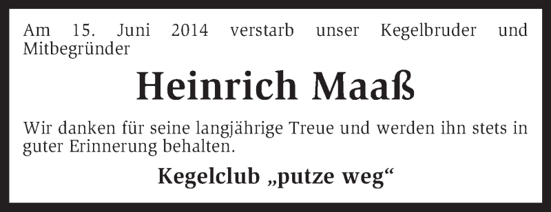  Traueranzeige für Heinrich Maaß vom 17.06.2014 aus KRZ