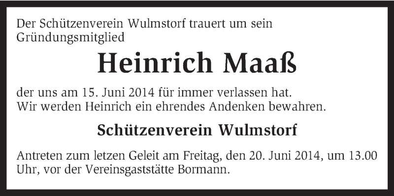  Traueranzeige für Heinrich Maaß vom 17.06.2014 aus KRZ