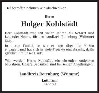 Traueranzeige von Holger Kohlstädt von KRZ
