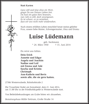 Traueranzeige von Luise Lüdemann von KRZ