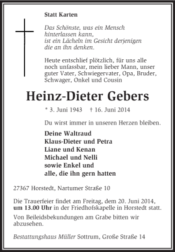 Traueranzeige von Heinz-Dieter Gebers von KRZ