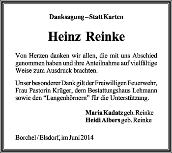 Traueranzeige von Heinz Reinke von KRZ