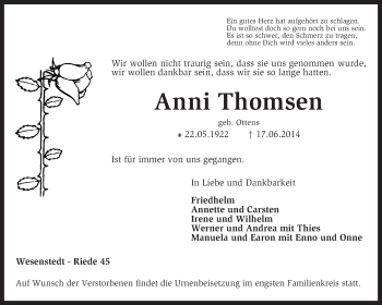 Traueranzeige von Anni Thomsen von KRZ