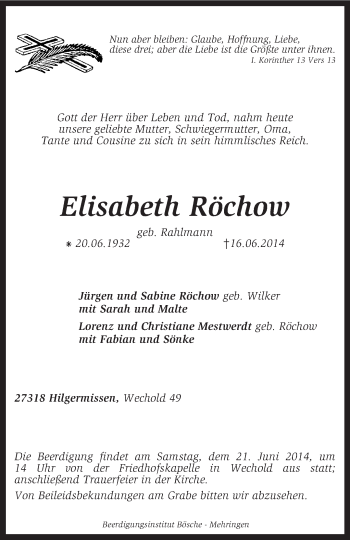 Traueranzeige von Elisabeth Röchow von KRZ